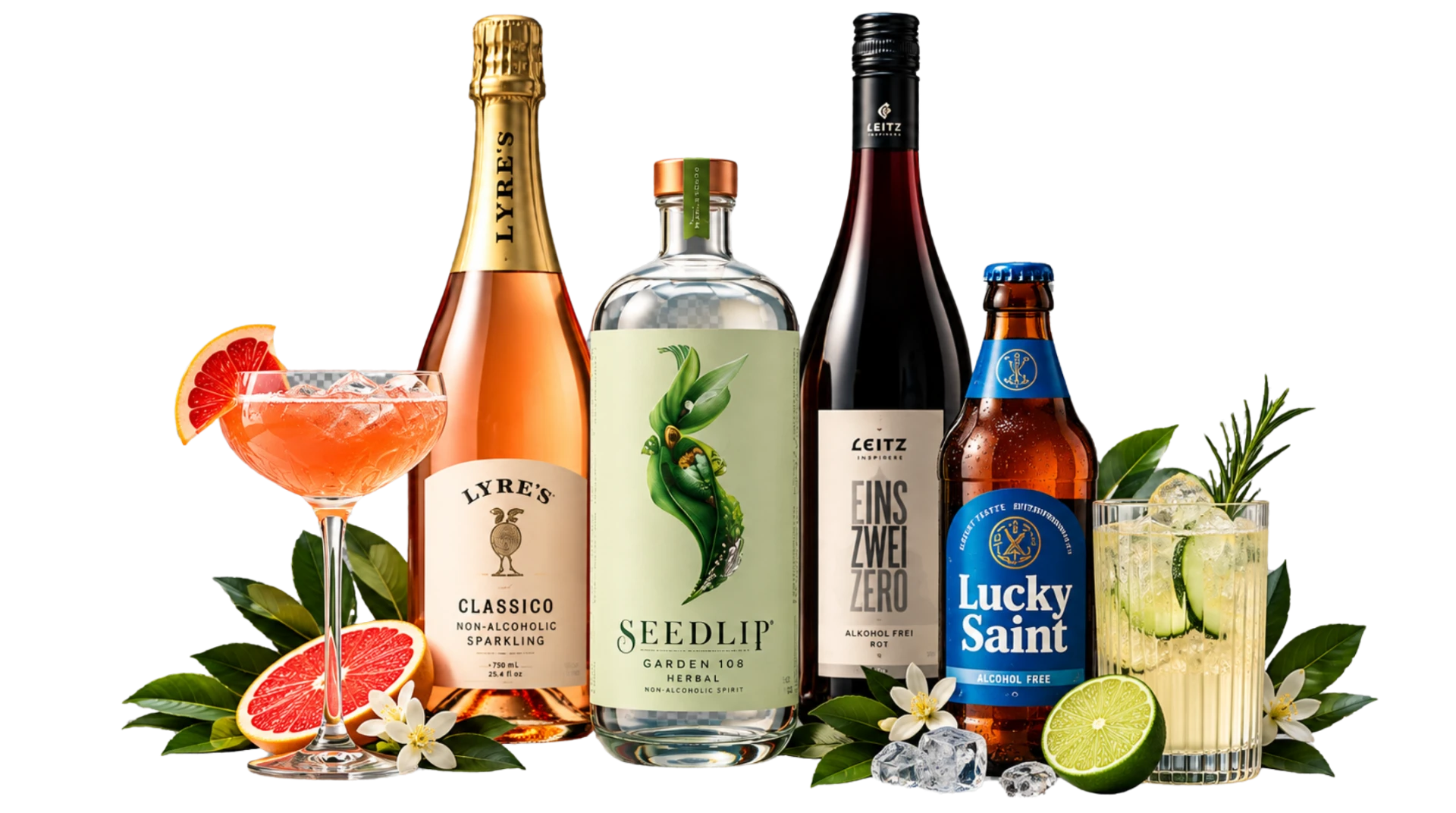 Selectie van Zero Zer0.0: Lyre's Classico, Seedlip Garden 108, Leitz Eins Zwei Zero rot en Lucky Saint alcoholvrij bier